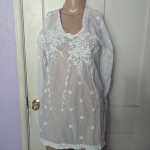 Johnny Was White Embroidered Sheer Tunic